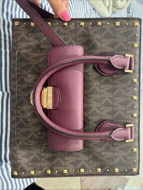 Michael Kors Plum Saffiano Leather Logo Studded Satchel